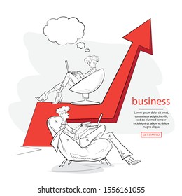 Business graph growth concept vector illustration of professional people working together as team and sitting on arrow.