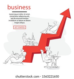 Business graph growth concept vector illustration of professional people working together as team and sitting on arrow.