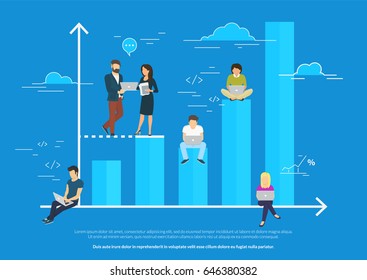 Business graph growth concept vector illustration of professional people working as team and sitting on blue growing chart. Flat people using laptops to develop business. Blue business background