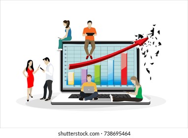 Business graph growth concept vector illustration of professional people working as team and sitting on growing chart. Flat people using laptops to develop business. Flat guys, women on big notebook