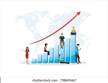 Business graph growth concept vector illustration of professional people working as team and sitting on growing chart. Flat people using laptops to develop business. White business background