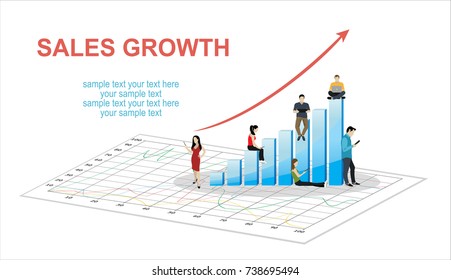 Business graph growth concept vector illustration of professional people working as team and sitting on growing chart. Flat people using laptops to develop business. White business background