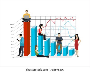 Business graph growth concept vector illustration of professional people working as team and sitting on growing chart. Flat people using laptops to develop business. White business background