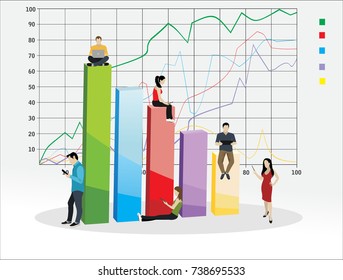 Business graph growth concept vector illustration of professional people working as team and sitting on growing chart. Flat people using laptops to develop business. White business background