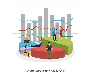 Business graph growth concept vector illustration of professional people working as team and sitting on growing chart. Flat people using laptops to develop business. White business background
