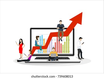 Business graph growth concept vector illustration of professional people working as team and sitting on growing chart. Flat people using laptops to develop business. White business background