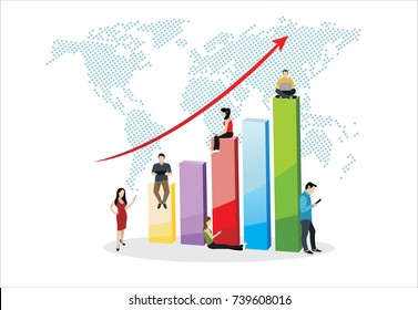 Business graph growth concept vector illustration of professional people working as team and sitting on growing chart. Flat people using laptops to develop business. White business background