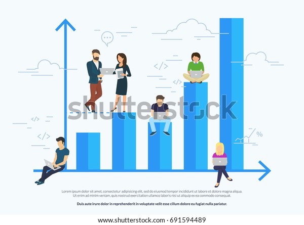 チームとして働き 青いグラフに座るプロフェッショナルのビジネスグラフ成長コンセプトのベクターイラスト ビジネス の発展にノートパソコンを使用する平凡な人 白いビジネス背景 のベクター画像素材 ロイヤリティフリー
