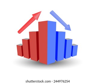 Business graph with growth, up and down arrow, lifting sales, recession funding, vector graphics