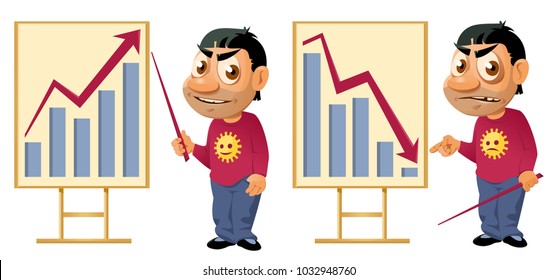 Business graph. Growth or fall. Funny cartoon man making a presentation. Elements is grouped. No transparent objects. On white background.