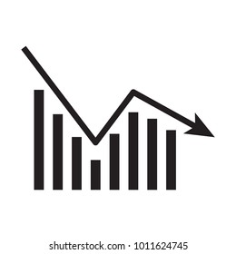 Business graph icon isolated on white background. Downside trend graph, bar chart image with arrow down. Vector illustration for banner, template, poster, postcard, web, app, infographics. 