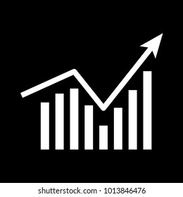 Business graph icon isolated on black background. Growing chart image with arrow up. Vector illustration for banner, template, poster, postcard, web, app, infographics. 