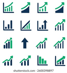 Business graph icons representing financial growth, progress, and success. Featuring bar charts, line graphs, and upward arrows in a clean, professional style.