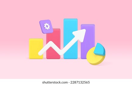 Business graph increase bar diagram up arrow success management data analyzing 3d icon realistic vector illustration. Chart growth goal improvement benefit achievement progress rate statistic analysis