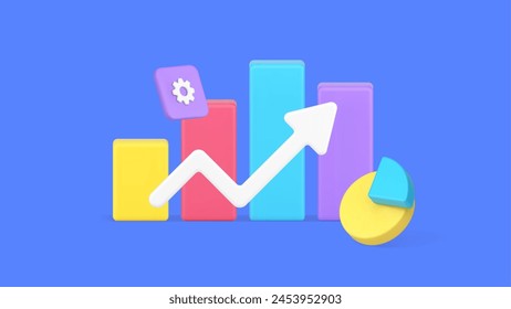 Business graph increase bar diagram up arrow success management data analyzing 3d icon realistic vector illustration. Chart growth goal improvement benefit achievement progress rate statistic analysis