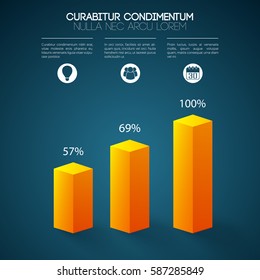 Business graph infographics with 3d orange columns three options icons and percent rates isolated vector illustration