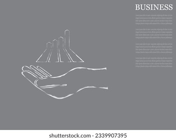 Business graph up on hand, income growth. The return on the investment chart increases. Growth chart on a hand on a gray background. Vision of sustainable financial growth. Vector fantastic digital.