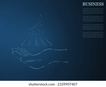 Business graph up on hand, income growth. The return on the investment chart increases. Growth chart on a hand on a dark blue background. Vision of sustainable financial growth. Vector fantastic digit
