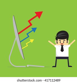 Business graph on laptop, with idea concept wall