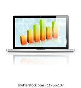 Business Graph on Laptop Screen over Map Earth, isolated on white background, vector illustration