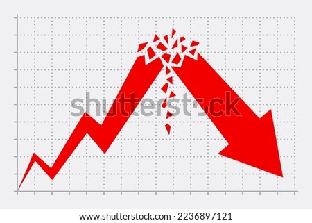 Business graph with red arrow broken and falling down. Concept of sharp decline after active rapid excessive growth. Economic and financial issues, progress and regress, business analytics