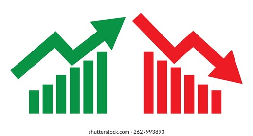 business graph with red arrow Graph going Up and Down sign with green and red arrows vector. Flat design vector illustration concept of sales bar chart symbol icon with arrow moving down and sales bar