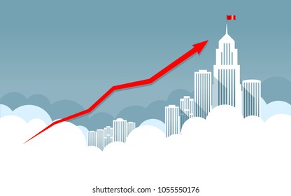 Business graph. Red Arrow. On background business city center with skyscrapers and large buildings. Vector illustration