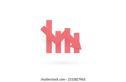 Business graph red in down arrow shape on white background, Profit and loss trading of trader, Symbol graph or chart icon