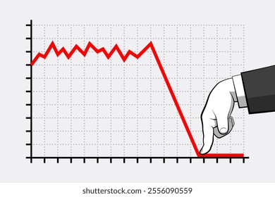 Business graph with red line and hand pressing it down and stopping the growth. Concept of external forces and factors leading to regress, failure, stagnation in economic and financial processes