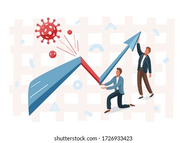 Business graph representing the stock market crash caused by the coronavirus. Overcoming the crisis with the help of businessman. Vector illustration of global finance economy after pandemic.