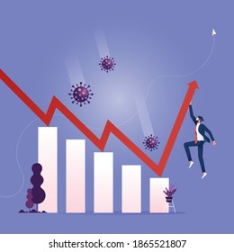 Business graph representing the stock market crash caused by the coronavirus, Overcoming the crisis with the help of businessman, global finance economy after pandemic concept