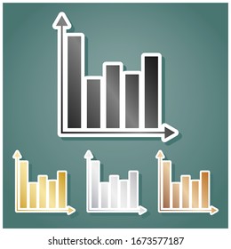 Business graph sign. Set of metallic Icons with gray, gold, silver and bronze gradient with white contour and shadow at viridan background. Illustration.