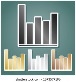 Signo del gráfico de negocios. Conjunto de íconos metálicos con gradiente gris, dorado, plata y bronce con contorno blanco y sombra en fondo viridán. Ilustración.