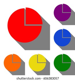 Business graph sign. Set of red, orange, yellow, green, blue and violet icons at white background with flat shadow.