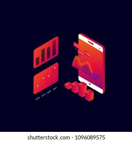 Business graph statistics 3d isometric vector illustration design. Business data analysis, seo analytics, financial report, market stats, infographic elements. Business strategy and planning