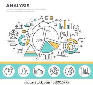 Business graph statistics, data analysis, financial report, market stats concept illustration, thin line flat design