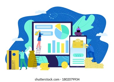 Concepto de tecnología de gráficos empresariales, personas cercanas a la ilustración vectorial de la gráfica de análisis de datos. Administración en pantalla de computadora, diagrama de finanzas. Diseño de fondo financiero, gráfico de información de internet.