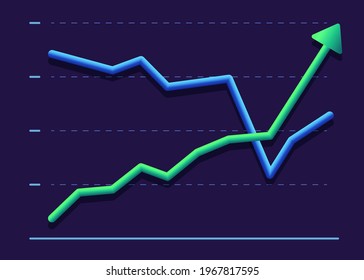 Business graph with two line moving up and down. Modern design Green and blue graphics on dark background. competition concept. Vector illustration.  profit growth and decline