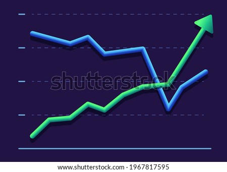 Business graph with two line moving up and down. Modern design Green and blue graphics on dark background. competition concept. Vector illustration.  profit growth and decline