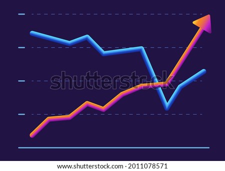 Business graph with two line moving up and down. Modern design Green and blue graphics on dark background. Business competition concept. Vector illustration.  