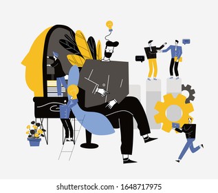 business graphic, company is engaged in joint construction of column graphs, rise career to success, abstract head of person filled with ideas thoughts and analytics. Flat vector illustration 