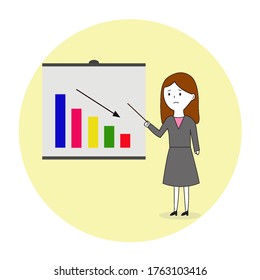 Presentación De La Bajada De Gráficos Empresariales Por Chica Con Vector De Ilustración De Cara Triste