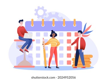 Business graphic tasks. Employees make a plan for the week. Time management and working day planning. Meet the deadline. Teamwork in office. Cartoon flat illusstration isolated on a white background