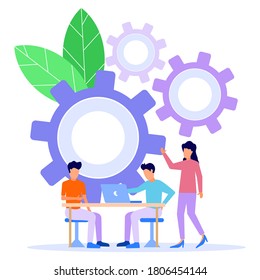 Geschäftsgrafische Vektorgrafik, kreative Illustration, Unternehmer, die sich mit Teamwork-Building-Business beschäftigen, Karriere erwachend auf Erfolg, flache Farbsymbole, Teamwork-Konzept.