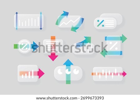 Business graphic vector set. Chart line, round and candlestick graph trend glassmorphism effect. Transparent glass blur button on gradient arrows. Financial diagram statistics with percentage sign