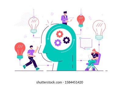 Business graphics, the company is engaged in joint search for ideas, abstract person's head, filled with ideas of thought and analytics, replacing old with new. Flat style vector creative illustration