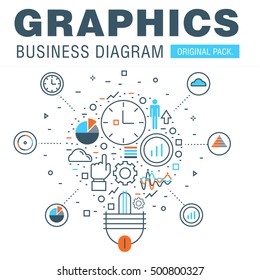 Business graphics of modern office industry. Thin line diagram concept. Statistic creative and infographics finance elements. Slim vector stroke pictogram for web design.