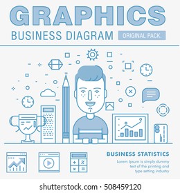 Business graphics of modern office industry. Thin line diagram concept. Statistic creative and infographics finance elements. Slim vector stroke pictogram for web design.