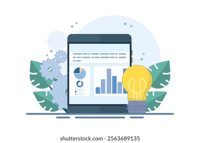 Business Graphics Report on Tablet and Bulb Idea. Business Intelligence Concept. Accurate information research, business intelligence and successful strategy planning. Flat Vector Illustration.