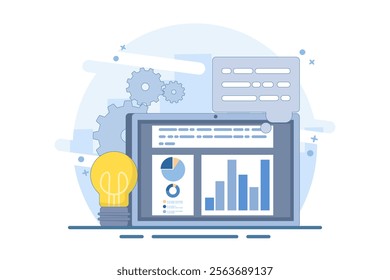 Business Graphics Report on Tablet and Bulb Idea. Business Intelligence Concept. Accurate information research, business intelligence and successful strategy planning. Flat Vector Illustration.